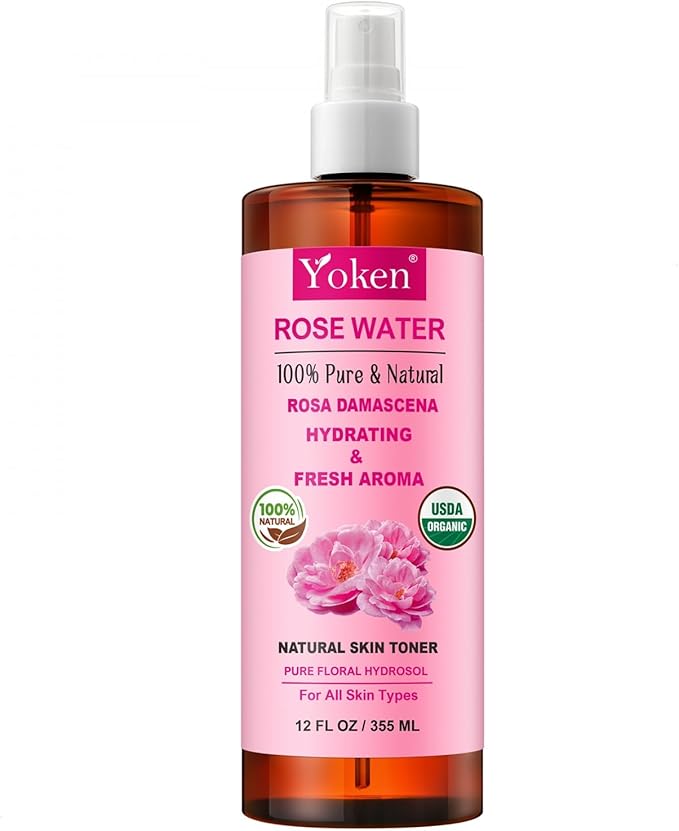 Yoken Organic Rose Water Spray for Face, 12 Fl Oz Fine Mist, Rosewater Face Mist with 100% Pure & Natural Rosa Damascena Rose Hydrosol, USDA Certified Organic, Alcohol Free, Vegan, No Dyes