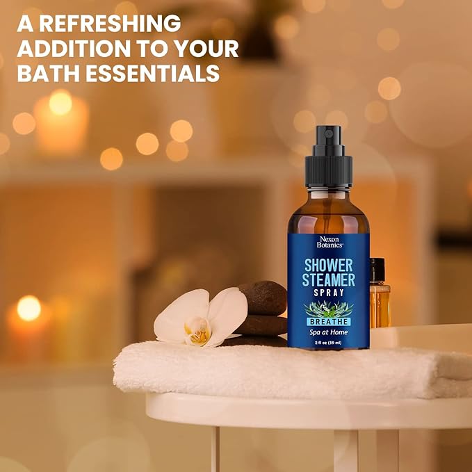 Breathe Shower Steamer Spray 2 fl oz - Aromatherapy Mist with Rosemary, Peppermint, Eucalyptus Essential Oil Blend - Refreshing Spa at Home Steam Spray - Nexon Botanics