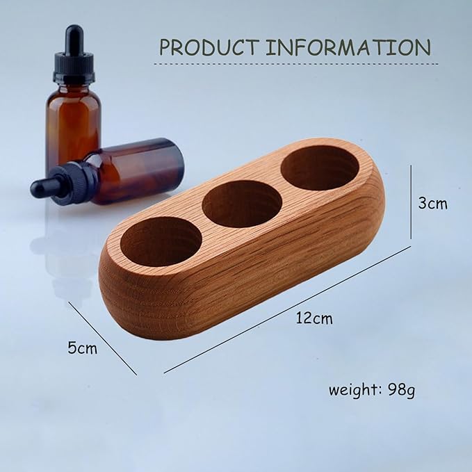 VolksRose Red Oak Essential Oil Organizer 5~20ml - 3 Bottle Wooden Oil Holder - Display Stand for Travel & Home, Storage Rack for Essential Oils, Nail Polish, Perfume, Compact Shelf for Tabletop