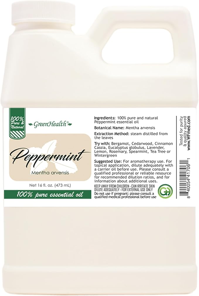 GreenHealth Peppermint Essential Oil – 16 fl oz | 100% Pure & Uncut | Heavy-Duty Plastic Jug | FDA Compliant, Space-Saving Container | for Aromatherapy, Soap, Candles, Cleaning, DIY