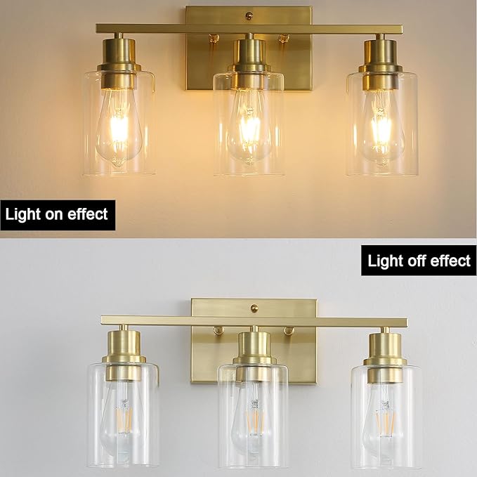 3-Lights Gold Bathroom Light Fixture, Brushed Brass Vanity Light with Clear Glass Shade, Modern Bath Wall Lights for Living Room, Hallway, Bedroom