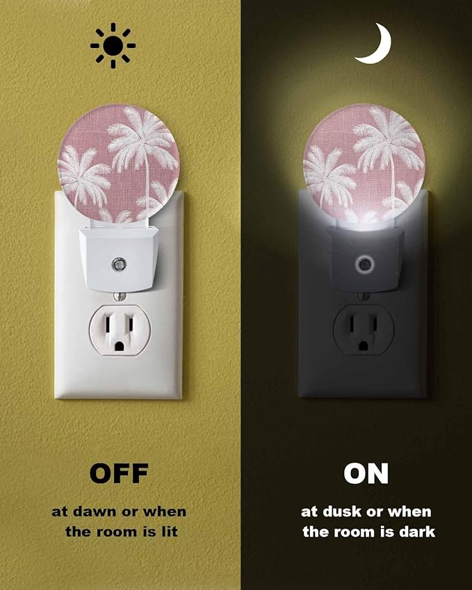 Night Lights Auto Sensor Tropical Palm Trees Night Light Pink Linen Coastal Round Lamp Plug-in LED Nightlights Dusk to Dawn for Living Room Bedroom Bathroom Hallway Wall Decor
