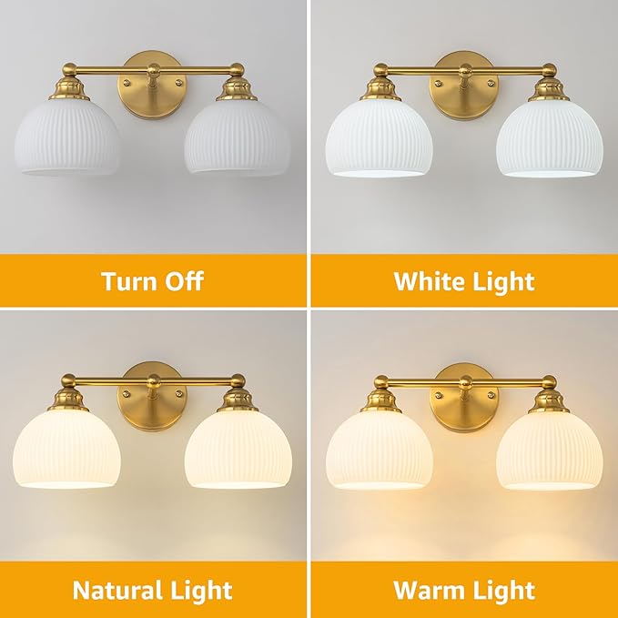 GoYeel Bathroom Vanity Light Fixtures, 2 Light Bathroom Lights Over Mirror Vintage Gold Antique Restroom Light Fixture with Milk White Glass Shade for Bathroom, E26 Base
