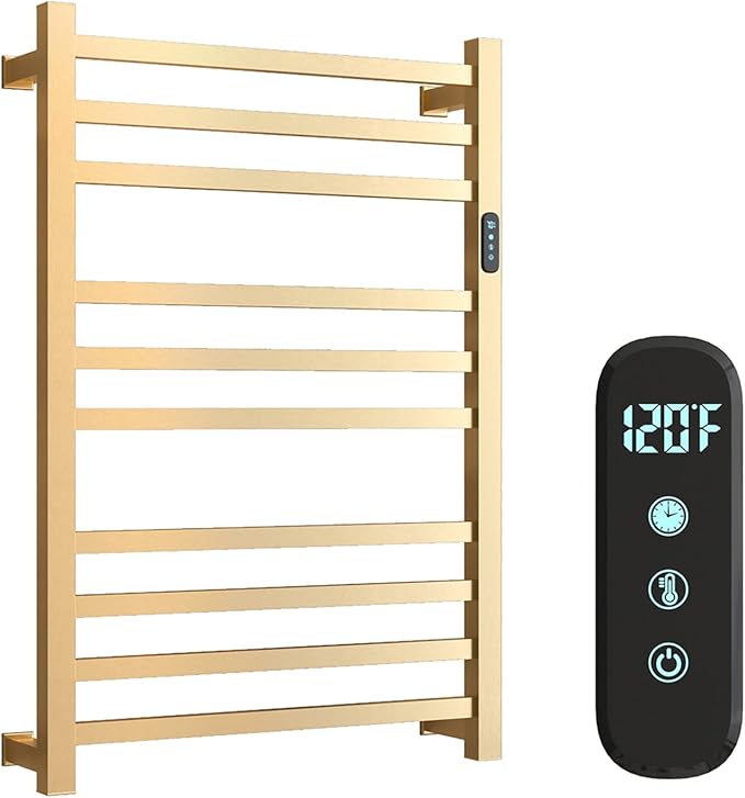 Luxury Heated Towel Rack for Bathroom, Wall Mounted Electric Towel Warmer Racks with Timer & Temperature Multi-Level Adjustable, 10 Bars Stainless Steel Towel Heater for Bathroom (Brushed Gold)