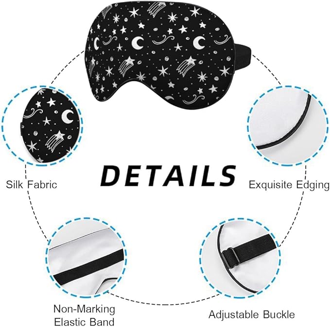 Starry Sky Moon Silk Eye Mask Sleep Mask Night Polka Dots Mystical White Black Eye Mask with Adjustable Strap Lightweight for Women Work Travel Night Sleep