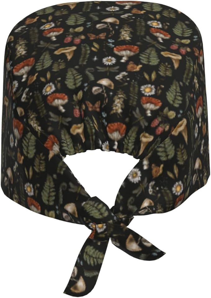 Scrub Cap for Women and Men Boho Black Leaf Pattern Adjustable Breathable Sweatband Hat for Work Kitchen Spa Shower Daily Use