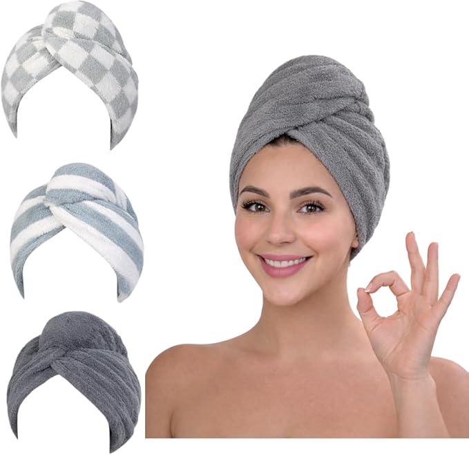 KELVO Microfiber Hair Towel Wrap for Women, 350 GSM Quick-Dry Hair Turban, Soft Anti-Frizz Towel for Curly, Long & Thick Hair, Lightweight Fast-Drying Head Wrap. (3 Gray (Solid, Stripes,Chess))