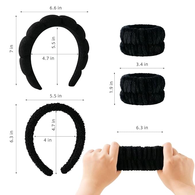 2Pcs Spa Headband for Washing Face & 1 Pair Wristband Set - Sponge Makeup Skincare Headband, Terry Cloth Bubble Soft Hairband, Puffy Padded Non-Slip Thick Hair Accessory for Women & Girls (Black)