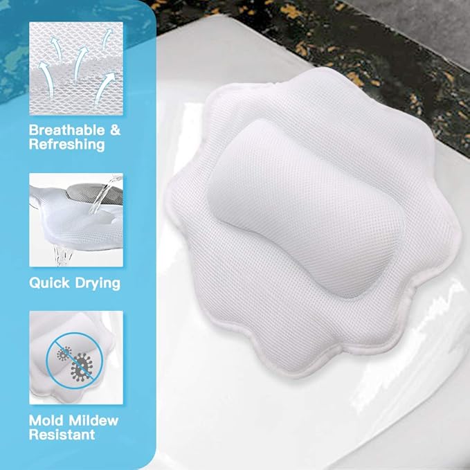 Beautybaby Bathtub Spa Pillow, Non-Slip 4 Strong Suction Cups, Bath Pillows for Tub, Head, Neck, Shoulder Support, Breathable Relax Comfort