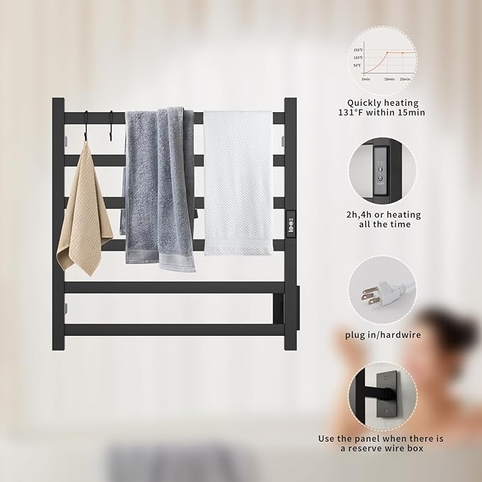 Wall Mounted Towel Warmer Square 6 Bars with Plug-in and Hardwired Options 3 Working Modes Black Stainless Steel 21" W 34" H