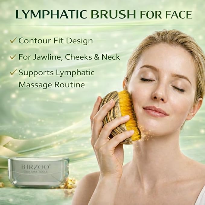 Lymphatic Contour Face Brush & Natural Jade Roller Set - Premium Xiuyu Jade Gua Sha Tool with Facial Massage Roller - Complete Skin Care Kit for Jawline Sculpting, Puffiness Relief (Green)