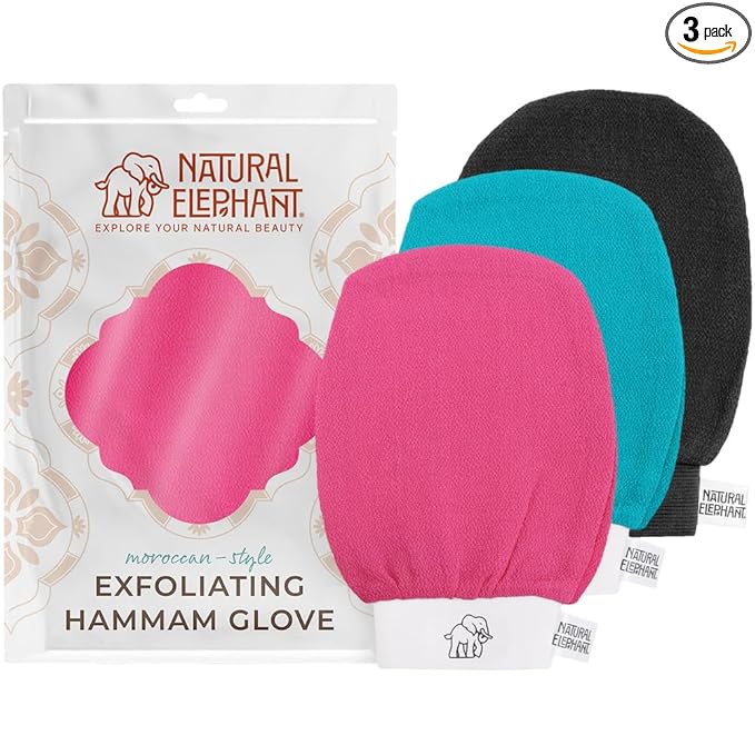 Natural Elephant Exfoliating Hammam Glove (Teal, Back and Pink (Pack of 3))