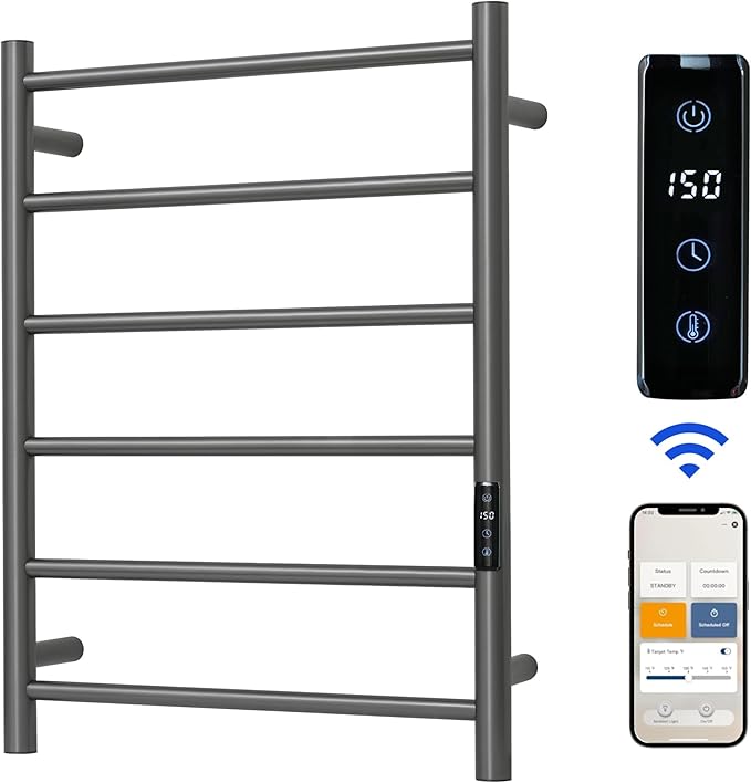 Electric Towel Rack with Voice Control for Alexa & Google Home,TUYA - Wall-Mounted Bathroom Heating Towel Warmer,Plug-in,Stainless Steel Material (Gungrey with WiFi, 6 Bar)