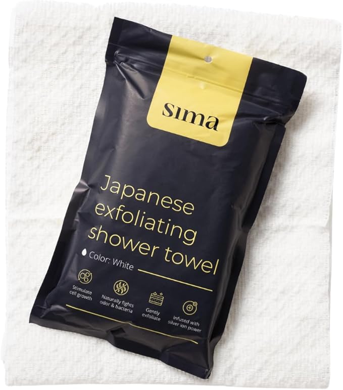Sima Brand Exfoliating Washcloth Face & Body Scrub Towel - Japanese Exfoliating Towel with Hexagon Fibers, Body Scrubber with 2 Sides for Scrubbing & Washing, Extra Long Towels (White, 3 Pack)