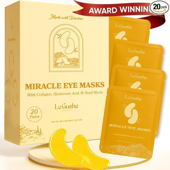 LE GUSHE Gold Under Eye Patches for Puffy Eyes and Dark Circles (20 Pairs) - Hydrating Collagen Under Eye Masks with Snail Mucin - Soothing Puffy Eyes Treatment for Women & Men - Bridesmaid Gifts