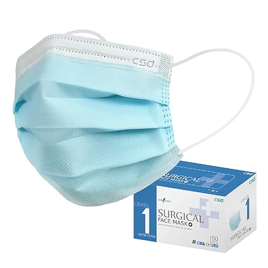 CSD Colo 50 Pcs ASTM Level 1 Disposable Face Masks, 3 Ply Adult Mask with Elastic Ear Loop, Nose Bridge Clip, Breathable Comfortable Mask Great for Indoor, Outdoors Use (Blue)
