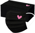 50pcs Cute Disposable Face Masks, Pink And Black Masks with Hearts Printed, 3-Ply Full Face Protection for Women Teen Girls
