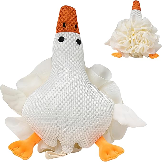 Kids Loofah, Cute Cartoon Animal Kids Bath Sponge with Hanging Rope, Soft Double Mesh for Rich Lather (Big White Goose)