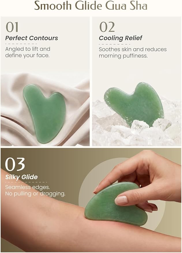 Gua Sha Facial Tool – Green Stone Guasha Tool for Face & Neck – Face Massager Tool for Lymphatic Drainage, Puffiness Reduction & Jawline Sculpting (Light-Green)