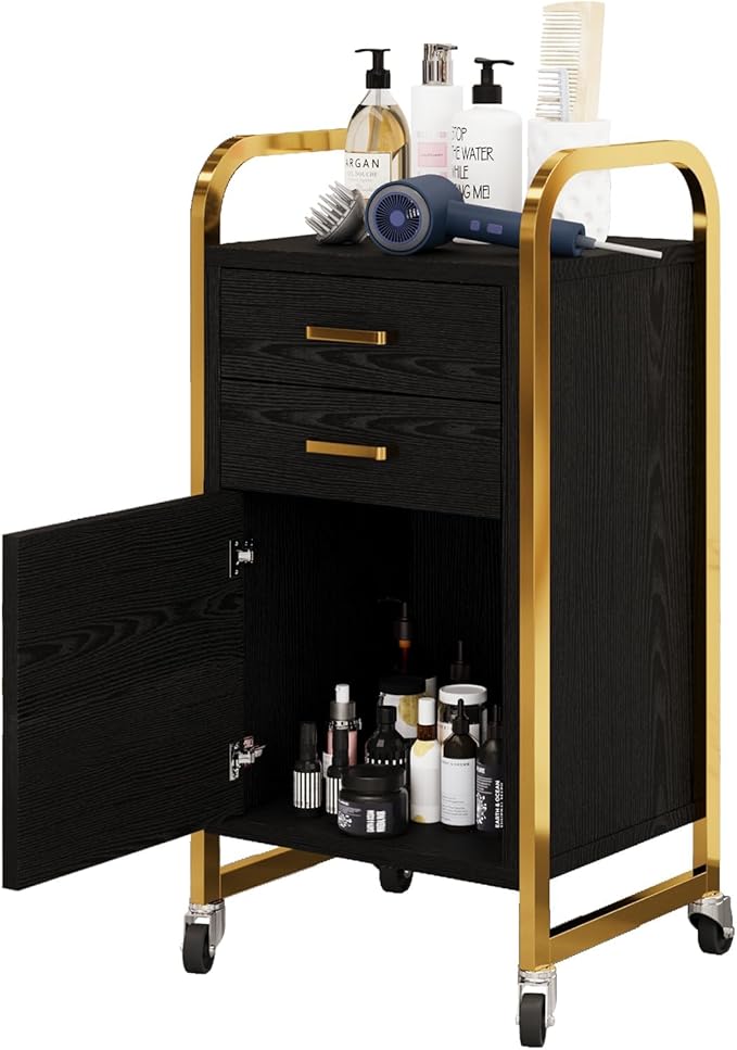4ever2buy Black and Gold Salon Trolley Cart with Wheels, Salon Cart with Drawers and Cabinet, Rolling Cart for Hair Stylist, Professional Salon Stations Organizer