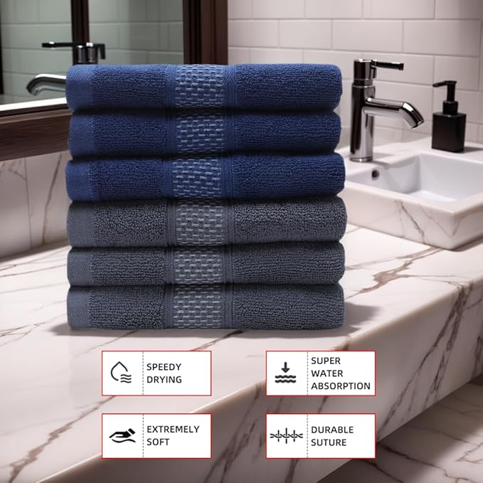 Cotton Hand Towels Set, 6-Piece Set(14in x 29.5in), Super Absorbent Quick Drying,Soft,Bathroom Towels,Suitable for Gyms,Kitchen,Gift(Dark Grey,Dark Blue)