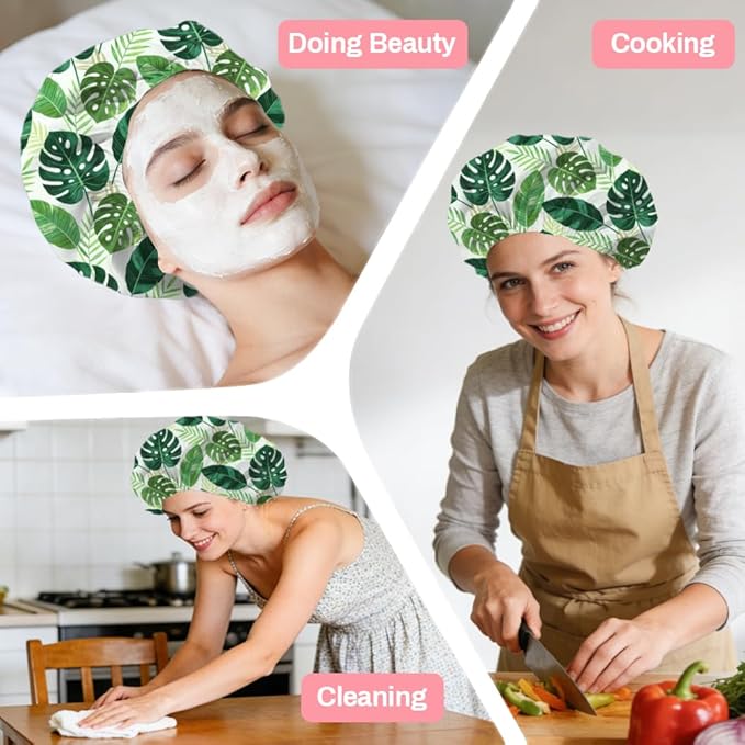 Tropical Leaves Reusable Shower Cap Green Monstera Double Layer Waterproof Shower Caps Large Elastic Hair Cover Adjustable Hair - Drying Caps for Woman Man Bath SPA Travel One Size Fits Most