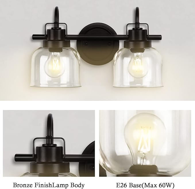 2 Lights Bathroom Vanity Light, Bronze Modern Wall Light Fixtures Over Mirror, Industrial Wall Sconce with Clear Glass Shade, Farmhouse Wall Sconce for Bedroom, Living Room, Hallway(Exclude Bulb)