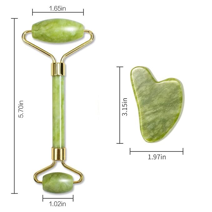 Jade Roller Gua Sha Facial Tools Set,Guasha Facial Massage Tool,Face Roller Skin Massager for Face,Neck and Eye Treatment Facial Roller (Green)