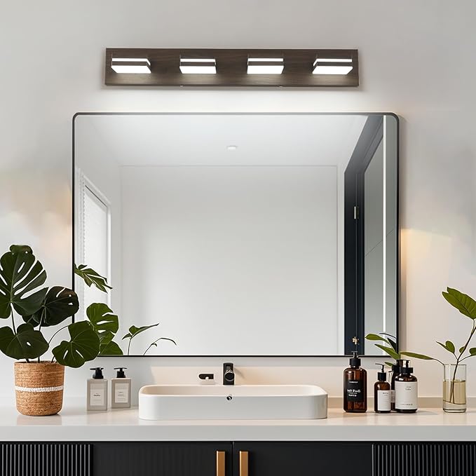 SineRise LED Modern Bathroom Vanity Light Fixtures (4-Light, 30-Inch), Brown Wood Painted Modern Acrylic Bathroom Wall Lighting Fixtures Over Mirror (Cool White 6000K)