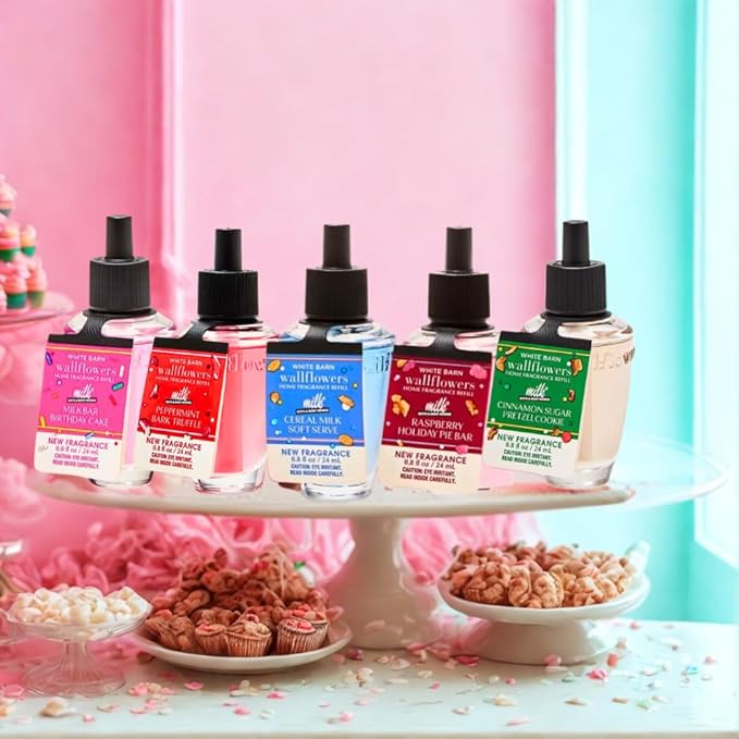 Bath & Body Works Wallflowers Refills MILK BAR Collection 2025 5pc Gift Set w/ 30-Inch Metallic Gold & Silver Striped Bow – Birthday Cake, Cereal Milk, Raspberry Pie, Peppermint Bark & Cinnamon Sugar