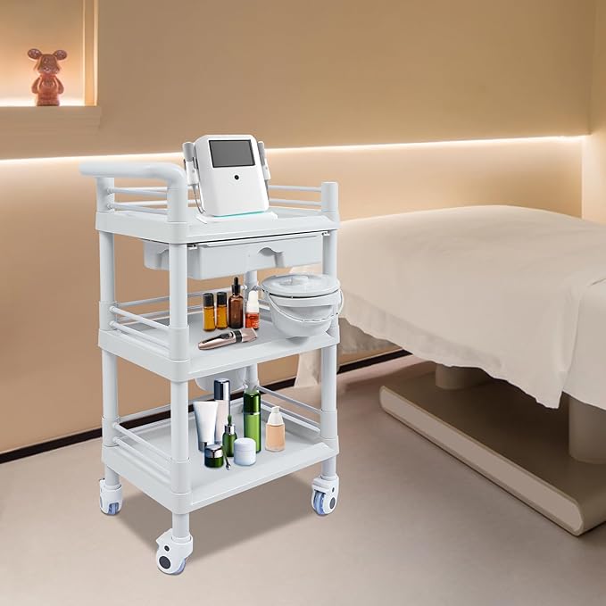 Salon Storage Cart, 3 Tier Rolling Beauty Organizer with 2 Garbage Baskets & 1 Drawer, 80kg/176.37lbs Capacity, Movable Storage Trolley for Beauty Salon SPA (Grayish-White)