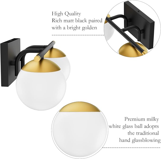 Ralbay Black and Gold Bathroom Vanity Light 2-Light Mid Century Modern Vanity Light Fixtures Black Milky Glass Globe Wall Light for Bathroom