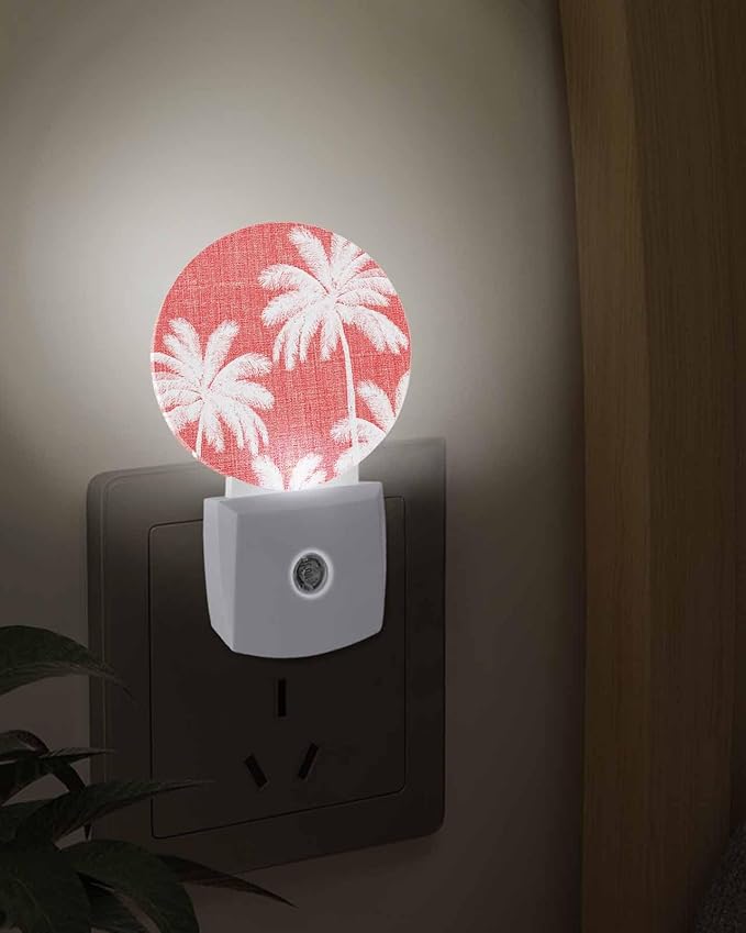 Night Lights Auto Sensor Tropical Palm Trees Night Light Coral Linen Coastal Round Lamp Plug-in LED Nightlights Dusk to Dawn for Living Room Bedroom Bathroom Hallway Wall Decor
