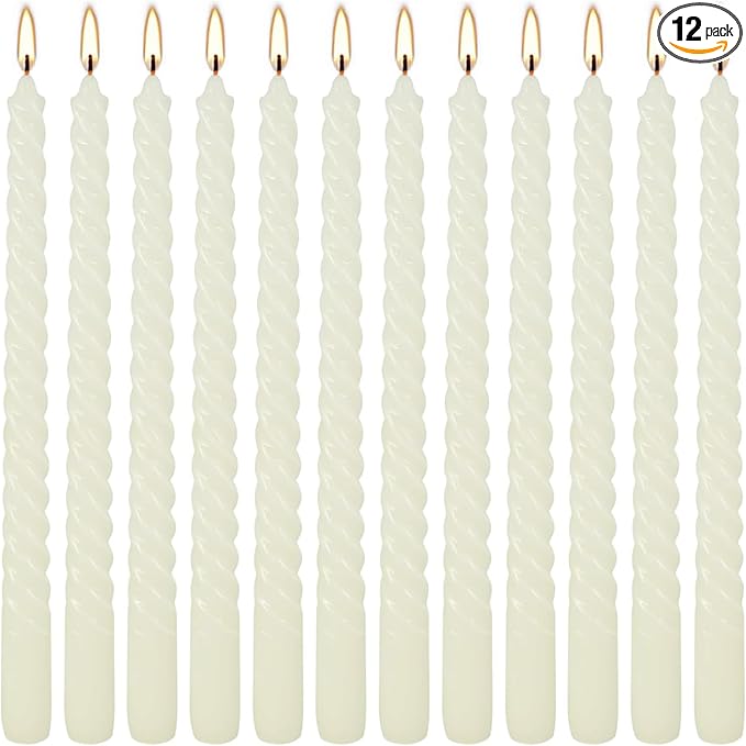 WPONSZU 10 Inch Ivory Spiral Taper Candle Set of 12 Pack Unscented Dripless Candlesticks for Valentine's Day,Dinner,Party,Brithday,Wedding,Christmas,and Home Decoration