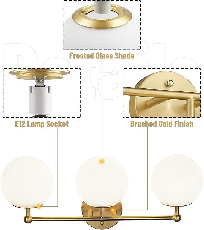 AKEZON Gold Vanity Light for Bathroom, Modern Bathroom Light Fixtures Over Mirror Brushed Gold Vanity Lights 3-Light Wall Sconce with Milky Glass Globe Shade for Mirror Living Room Bedroom Hallway