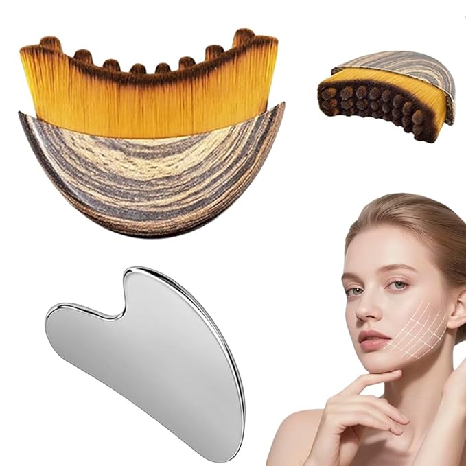 2 PCS Set Lymphatic Contour Face Brush,Stainless Steel Guasha Tool,Lymphatic Drainage Massager for Face,Ergonomically Designed to Fit The Skin Precisely and Relieve Fatigue,Skincare Gift for Women