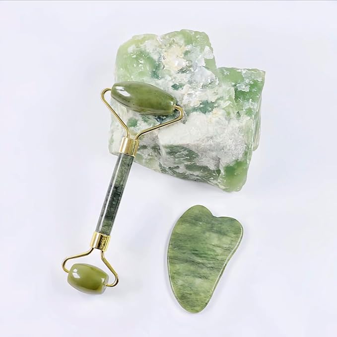 Jade Roller & Gua Sha Set for Face - Facial Massage Tool for Skin Care, Reduce Puffiness & Improve Circulation