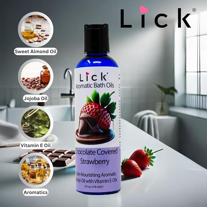 Lick Chocolate Covered Strawberry Aromatic Bath Oil - Indulgent Dessert Blends - Aromatherapy Soak Oils for Skin Softening, 4 oz