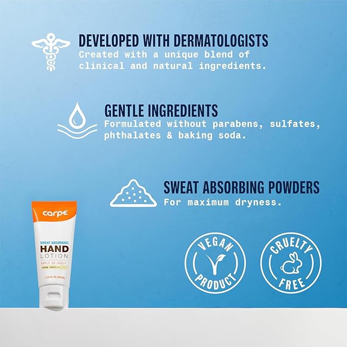 Carpe Sweat Absorbing Hand Lotion (Pack of 2) A dermatologist-recommended smooth lotion that helps stop hand sweat, great for hyperhidrosis or excessive sweat (Warm Vanilla)