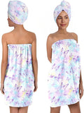 Women's Butterfly Print Towel Wrap and Hair Drying Cap Set – Pastel Microfiber Shower Wrap – Quick Dry Spa, Dorm, Travel Gift for Her