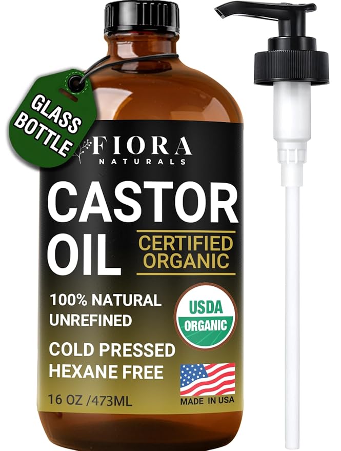 Organic Castor Oil in Glass Bottle – 16 Oz Cold Pressed & Hexane-Free – USDA Certified – Skin Moisturizer, Hair Growth Oil For Lashes, Brows, Skin & Scalp – with Pump