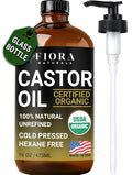 Organic Castor Oil in Glass Bottle – 16 Oz Cold Pressed & Hexane-Free – USDA Certified – Skin Moisturizer, Hair Growth Oil For Lashes, Brows, Skin & Scalp – with Pump