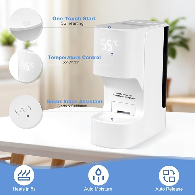 Hot Towel Dispenser, Mini Hot Towel Warmer for SPA, AZ GOGO Hot Face Towel Heater Machine with Smart Voice Alerts, 55°C(131°F) Constant Temp, 5-Second Fast Heating, 20 Compressed Towels