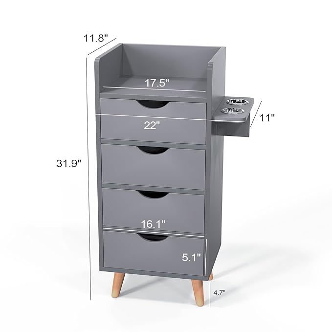 OmySalon Salon Station, 4 -Layer Beauty Barber Salon Styling Station Organizer Equipment, Hair Stylist Storage Cabinet with 2 Hair Dryer Holders, 4 Drawers and Raised Table Legs, Grey