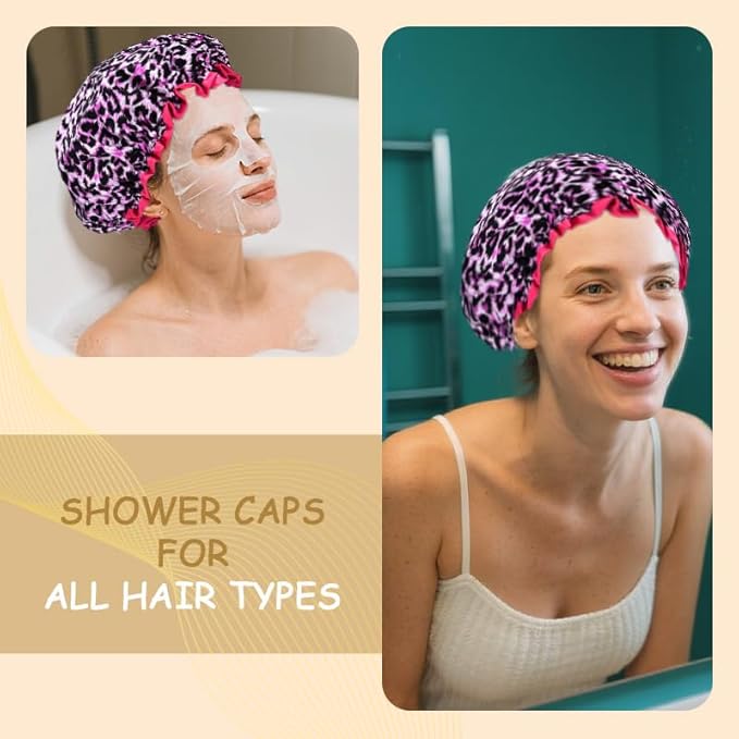 Womens Pink Leopard Print Shower Caps for Women Trendy Large Washable Lined Shower Cap for Braids Ladies Leopard Print Bathing Cap for Long Short Hair Plastic Bath Caps for Women Reusable Waterproof