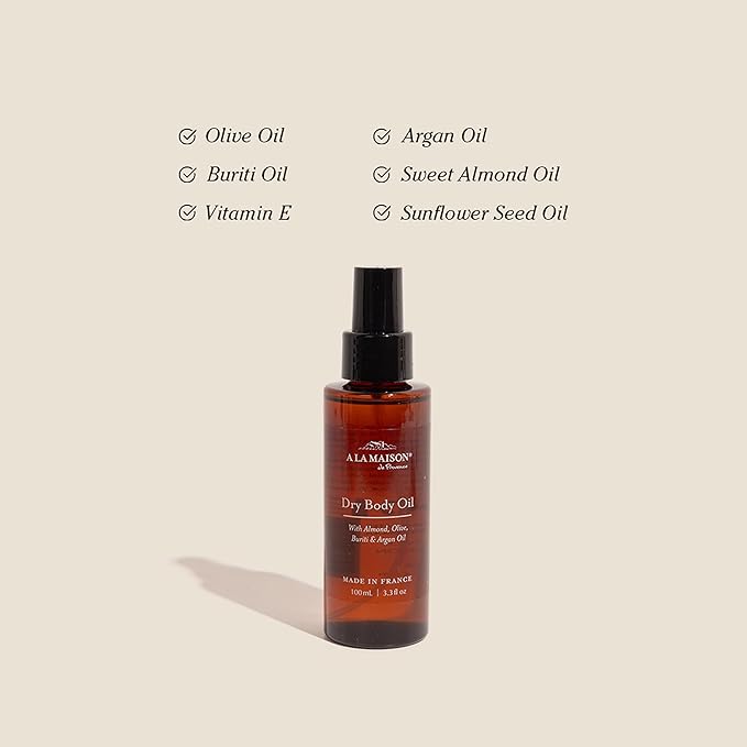 A LA MAISON Dry Body Oil Spray – Lightweight After-Shower Body Oil with Argan, Sweet Almond & Buriti Oils – Moisturizing & Fast-Absorbing, Made in France 3.3 oz – Amber Collection