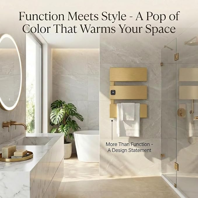 Electric Towel Warmer, Heated Towel Rack with Thermo Control and Timer, Fast Heating Towel Rail for Bathroom with Memroy Function, Work with Smart Plug, Left-Wiring, 3 Panel, Gold