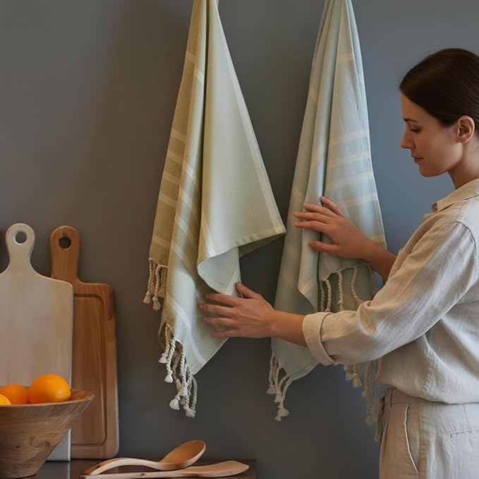 The Fine Living Co. Turkish Towels - Set of 2, 100% Cotton - Kitchen & Bathroom Towels | Decorative Face & Hair Towels for Guests, Tea & Dishcloth - 40'x18' (Green & Blue)
