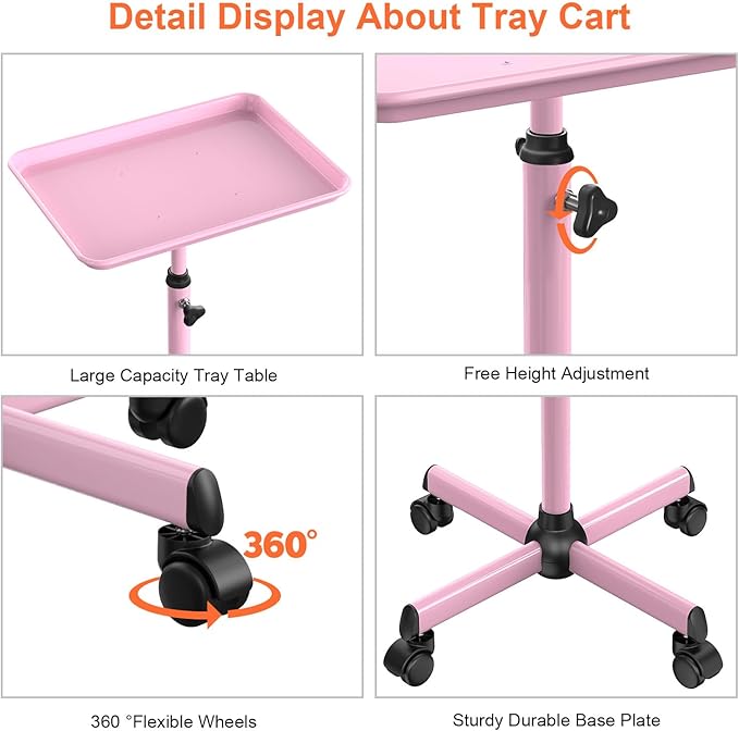 Salon Tray Cart Tattoo Tray Rolling Cart, Service Rolling Tray, Height Adjustable Styling Tray, Storage Tray Trolley for Beauty Salon Clinic Spa (Pink)