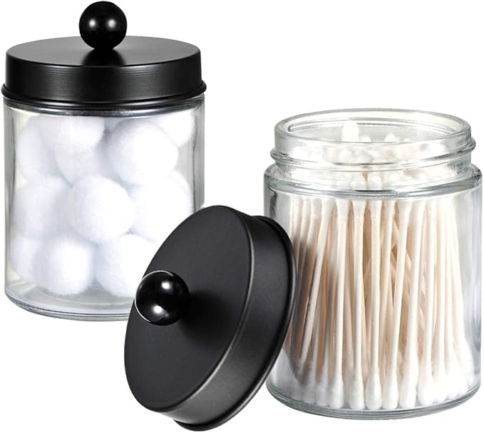 Amolliar 6Pc Apothecary Jars Bathroom Vanity Organizer- Rustic Farmhouse Decor Storage with Stainless Steel Lids- Qtip Dispenser Holder for Q-Tips, Cotton Swabs, Rounds, Ball, Flossers (Black)